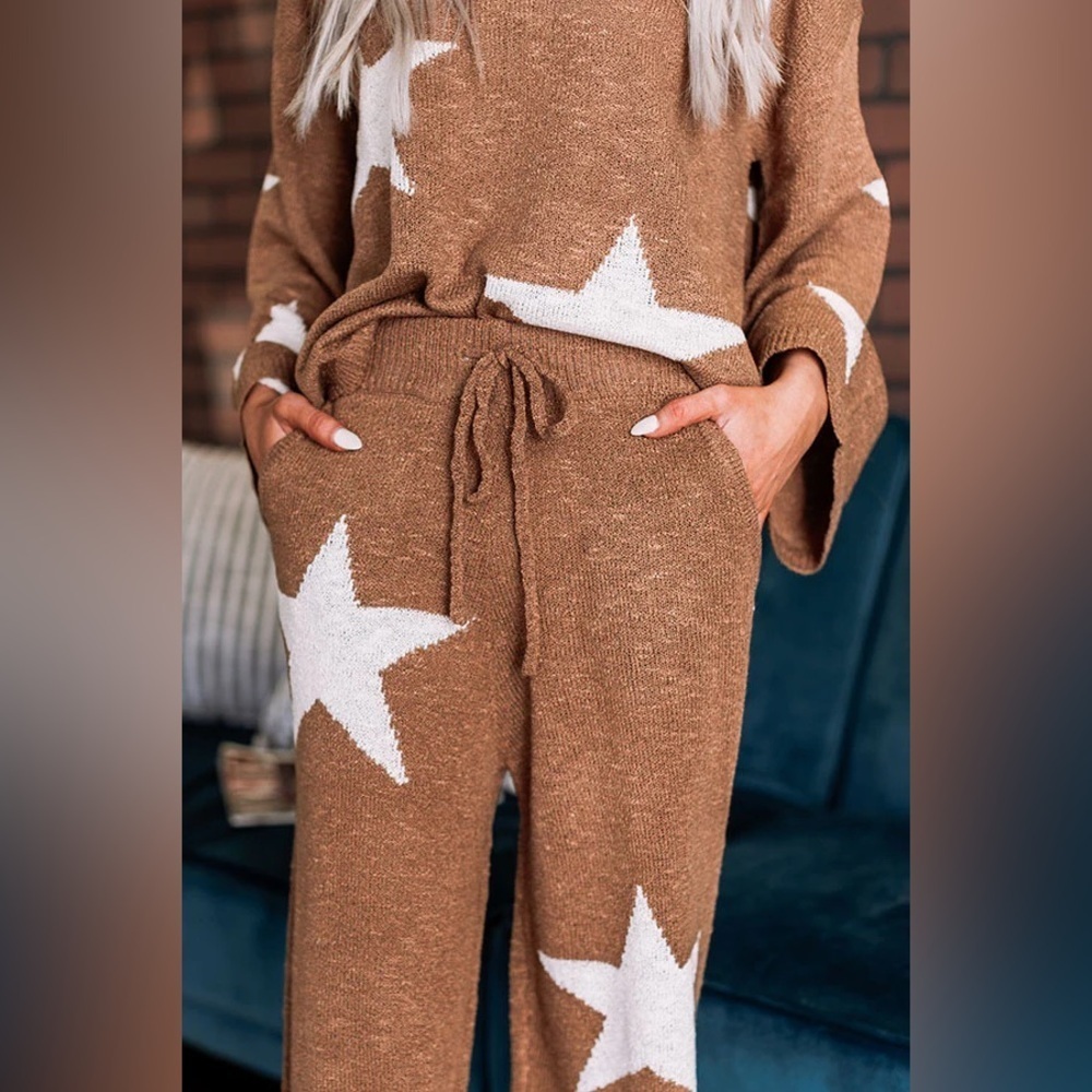 Promesa Pant and Top Set with Stars Brown Mocha Color Wide Leg Size Large